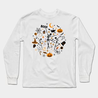 Skeleton funny dancing Halloween pumpkin Long Sleeve T-Shirt